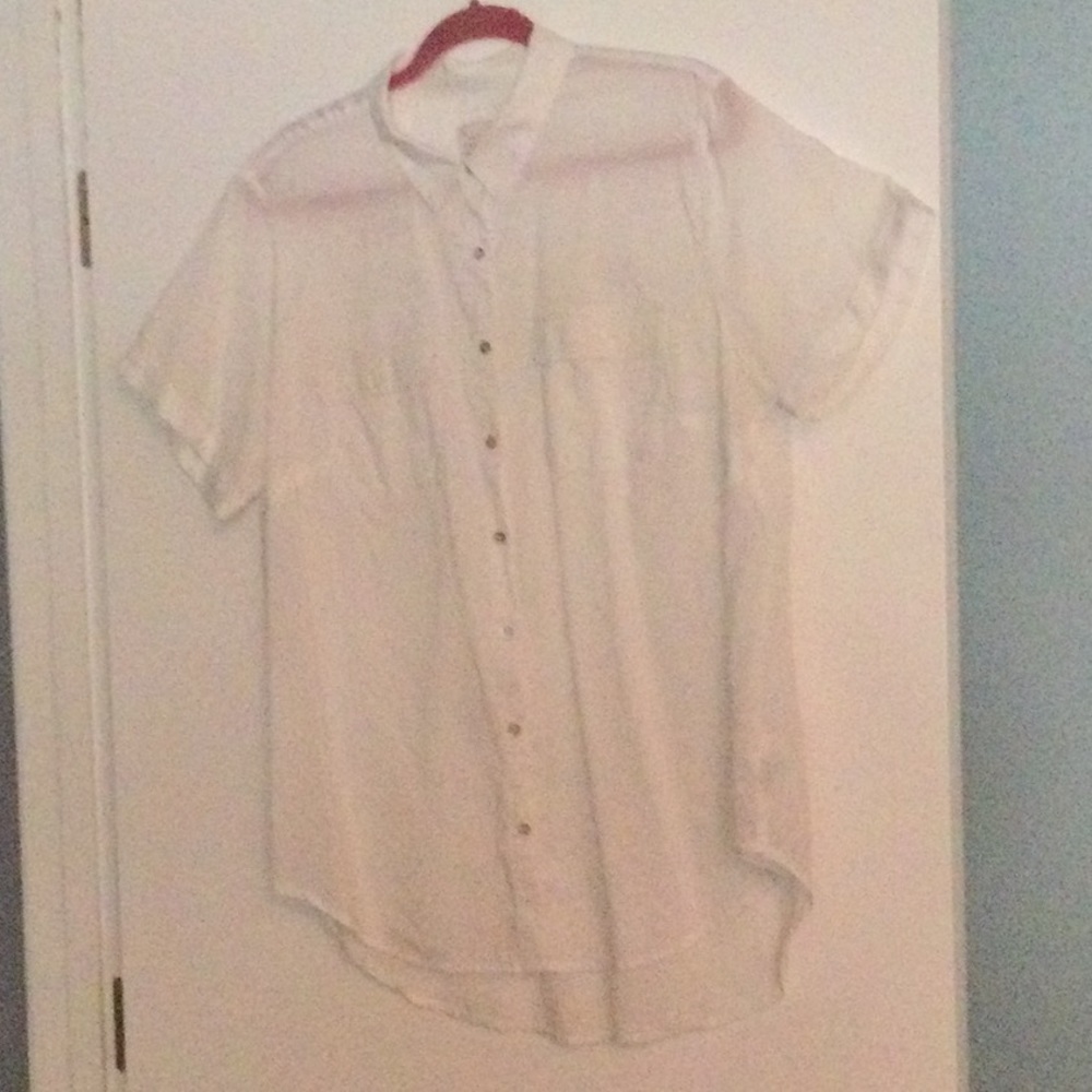 Semi Sheer White Short Sleeved Button Front Blouse. Side XXL.
